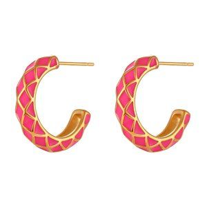 Hot Pink Enamel Geometric Pattern Hoop‎ Earrings 18K Gold Plated Stainless Steel